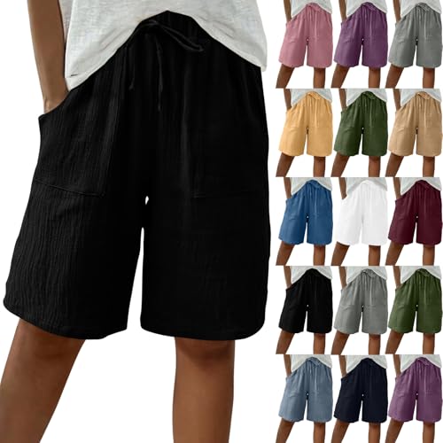 Damen Baumwolle Leinen Shorts Freizeit Bermuda Kurze Hose Knielange High Waist Bequeme Sommershorts mit Taschen Elegante Wanderhose Oversized Festliche Hosen Musselin Hose Stoffhose Freizeithose von Battnot