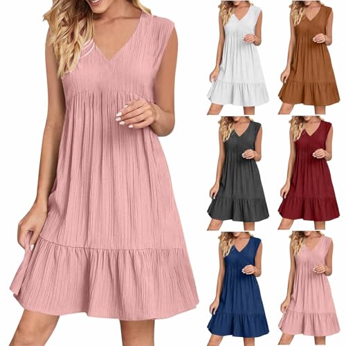 Damen Bohemian Ärmellos Kleid V-Ausschnitt Tunikakleider A Linien Lose Lässiges MiniKleid Freizeitkleid Damen Boho Leicht Sommerkleider Elegant Kurz Strandkleid Luftig Dress Hawaii Kleid von Battnot