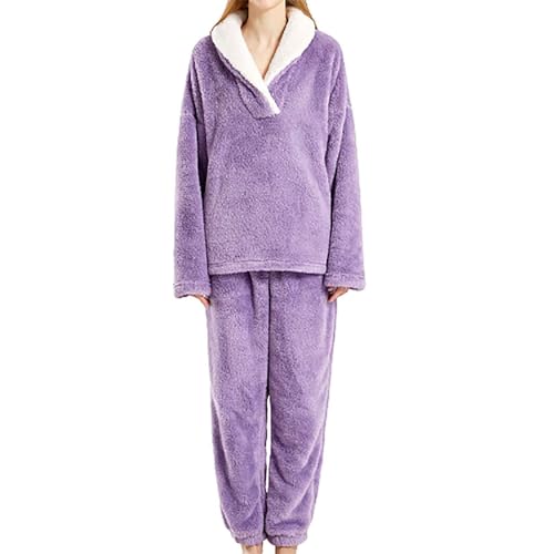 Damen Fleece Schlafanzug Flauschig Zweiteiler Schlafanzüge Winter Thermo Pyjama Set Flanell Fleece Nicki Frauen Kuschelanzug Hausanzug Loungewear Pyjama Set Thermokleidung Hausanzug Schlafanzug von Battnot