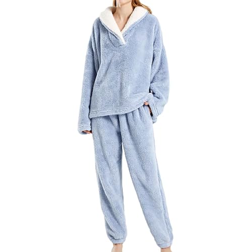 Damen Fleece Schlafanzug Flauschig Zweiteiler Schlafanzüge Winter Thermo Pyjama Set Flanell Fleece Nicki Frauen Kuschelanzug Hausanzug Loungewear Pyjama Set Thermokleidung Hausanzug Schlafanzug von Battnot