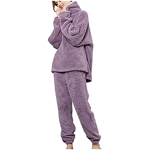 Damen Fleece Schlafanzug Frauen Zweiteiler Kuschelanzug Nicki Flauschig Schlafanzüge Fleece Flanell Thermo Winter Pyjama Set Thermokleidung Hausanzug Schlafanzug Damen Lang Fleece Warm Pyjama Set von Battnot