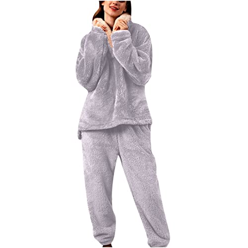 Damen Fleece Schlafanzug Frauen Zweiteiler Kuschelanzug Nicki Flauschig Schlafanzüge Fleece Flanell Thermo Winter Pyjama Set Thermokleidung Hausanzug Schlafanzug Damen Lang Fleece Warm Pyjama Set von Battnot