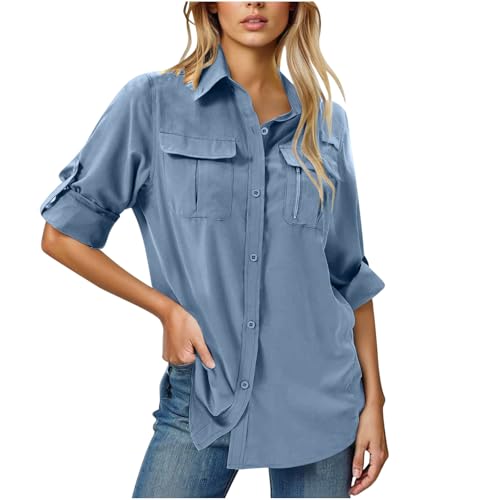 Damen Hemdbluse UV Schutz Langarmshirt Damen Schnell Trocknende Sport Shirts Wandershirt Safari Casual Button Up Tops Strandurlaub Elegant Bluse Safari Kleidung Wanderhemd Tops von Battnot