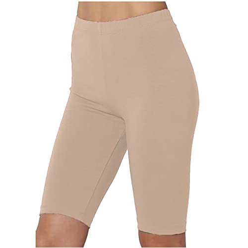 Damen High Waist Shorts Leggings - Baumwolle Sommer Hosen Radlerhose Blickdicht Sporthose Trainingshose Gym Yoga Shorts - Beige XXL von Battnot