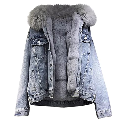 Damen Jeansjacke mit Fellkapuze Warme Winterjacke Wintermantel Kurz Outwear Denim Jacke Gefütterte Kapuzenjacke Jeans Denimmantel Parka Warm Jeansjacke Jacke mit Fell Mantel Übergangsjacke Outwear von Battnot