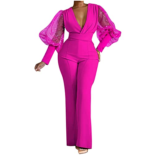 Battnot Damen Jumpsuits Langarm Mesh V-Ausschnitt Casual Style Langarm Strampler Weite Jumpsuits Glitzer Jumpsuit Lang Overall Jumpsuits Playsuit Romper Cocktail Party Festlich Overalls, A#heiß Rosa von Battnot