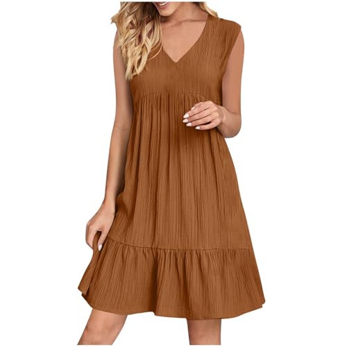 Damen Leinen Kleider Knielang Casual Strandkleid Ärmellos Kleid Sommer Leinen Baumwolle Freizeitkleid Einfarbige Leicht und Luftig Oberteil Strandkleid Frauen Festkleider Shirtkleid Cocktailkleid von Battnot