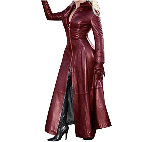 Damen PU Leder Trenchcoat Jacke mit Reißverschluss Sexy Kleid Body Clubwear Langer Lack-Mantel PVC Mantel Lack Optik Matrix Jacke Robe Lange Coat mit Stehkragen Outwear Cosplay Kostüm Party Fasching von Battnot