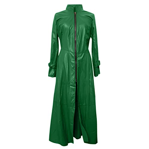 Damen PU Leder Trenchcoat Jacke mit Reißverschluss Sexy Kleid Body Clubwear Langer Lack-Mantel PVC Mantel Lack Optik Matrix Jacke Robe Lange Coat mit Stehkragen Outwear Cosplay Kostüm Party Fasching von Battnot