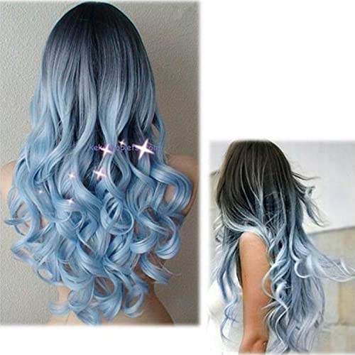 Damen Perücke Grau Schwarz Farbverlauf Lang Lockig Natürlich Synthetische Haar Perücken Für Frauen Mädchen, Alltag Anime Cosplay Kostümparty Halloween Karneval Grau Wig Perücken (02#Blau) von Battnot