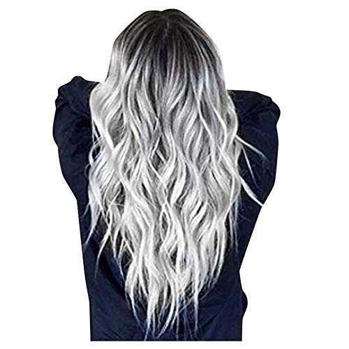 Damen Perücke Grau Schwarz Farbverlauf Lang Lockig Natürlich Synthetische Haar Perücken Für Frauen Mädchen, Alltag Anime Cosplay Kostümparty Halloween Karneval Grau Wig Perücken (03#Silber-Grau) von Battnot