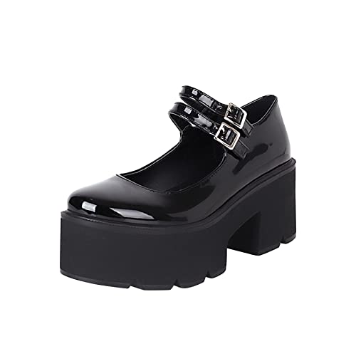 Damen Plattform Mary Jane Schuhe Sweet Toe Knöchel Lolita Gothic Plateau Kleid Pumps Schuhe Chunky Plateauschuhe Lackleder Kleid Schuhe Retro Wohnungen Flacher Mund Prinzessin Schuhe von Battnot