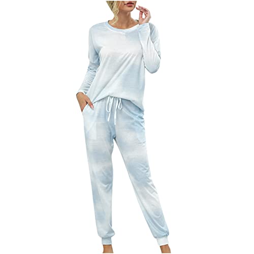 Damen Schlafanzug Baumwolle Lang Pyjama Set Langarm für Frau Winter Zweiteilige Nachtwäsche Rundhals Hausanzug Lange Pyjamahose Tie Dye Druck Schlafanzug Damen Lang Pijamas Woman Set Schlafanzüge von Battnot