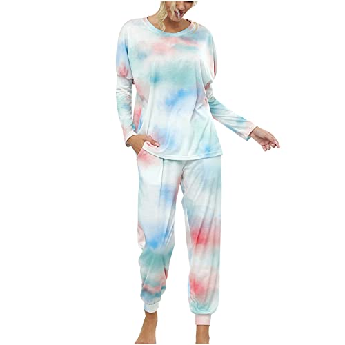 Damen Schlafanzug Baumwolle Lang Pyjama Set Langarm für Frau Winter Zweiteilige Nachtwäsche Rundhals Hausanzug Lange Pyjamahose Tie Dye Druck Schlafanzug Damen Lang Pijamas Woman Set Schlafanzüge von Battnot