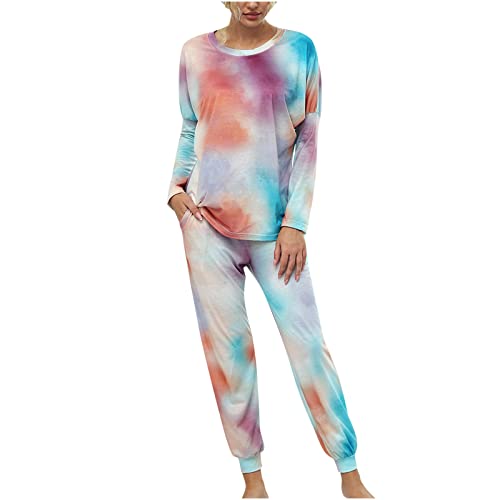 Damen Schlafanzug Baumwolle Lang Pyjama Set Langarm für Frau Winter Zweiteilige Nachtwäsche Rundhals Hausanzug Lange Pyjamahose Tie Dye Druck Schlafanzug Damen Lang Pijamas Woman Set Schlafanzüge von Battnot