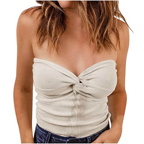 Damen Sommer Sexy Tube Top Y2K Striped Twist Front Strick Oberteil Trägerloses Crop Tops Aushöhlen Ärmelloses Rückenfreies Schlauchtop Frauen Twist Knot Front Solid Knit Bandeau Tube Top von Battnot