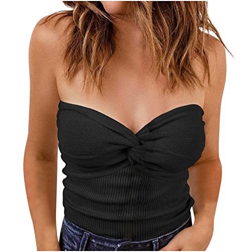 Damen Sommer Sexy Tube Top Y2K Striped Twist Front Strick Oberteil Trägerloses Crop Tops Aushöhlen Ärmelloses Rückenfreies Schlauchtop Frauen Twist Knot Front Solid Knit Bandeau Tube Top von Battnot