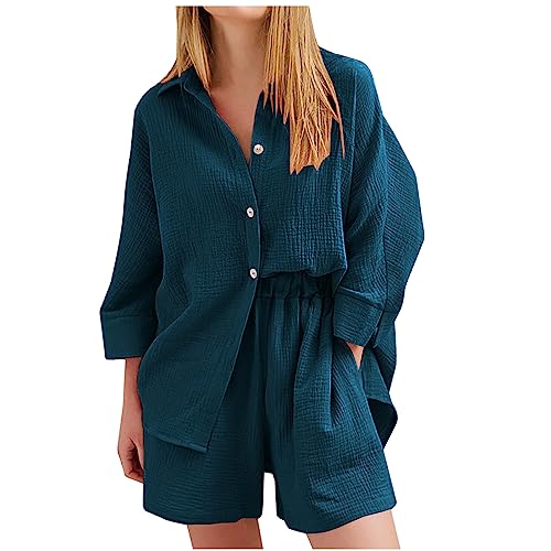 Damen Sportanzüge 2 Stück Set Outfit Langarm Shorts Zweiteiler Damen Sommer Plissee Set Elegant Hosenanzug Langarm Revers Bluse + Weites Bein Hose Loungewear Set B#blau L von Battnot