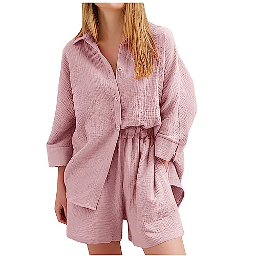 Damen Sportanzüge 2 Stück Set Outfit Langarm Shorts Zweiteiler Damen Sommer Plissee Set Elegant Hosenanzug Langarm Revers Bluse + Weites Bein Hose Loungewear Set B#rosa S von Battnot