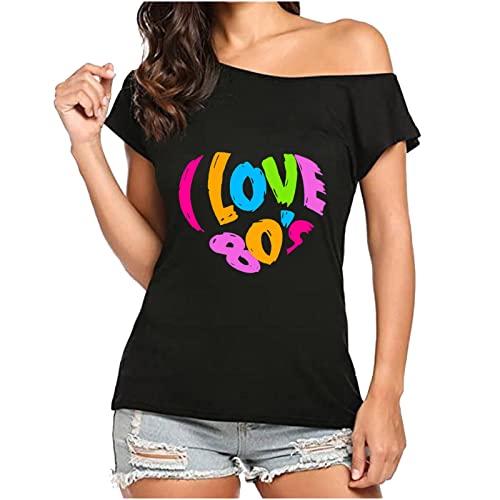 Damen T-Shirt I Love The 80's Fancy Dress Costume Neon Festival Damen Outfit 80er Jahre Neon Shirt für Damen Fasching Karneval Kostüm The 80s Schulterfreie T-Shirts Disco 80er Kostüme Tops von Battnot