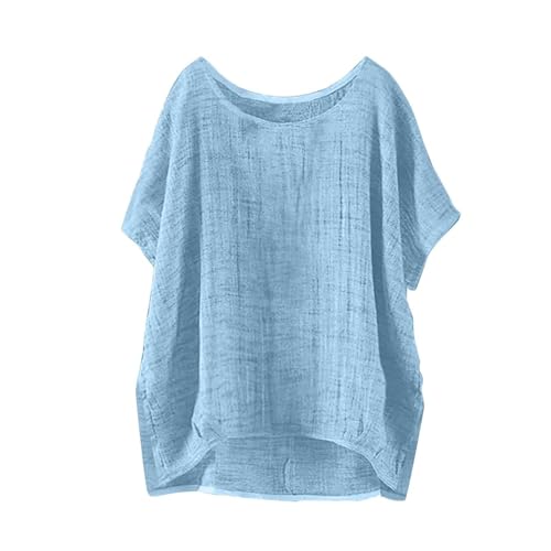 Damen T-Shirt leinenbluse Sommer Oversize Baumwoll Leinen Oberteile Vintage Einfarbig Tunika Bluse Basic Kurzarm Oversize Locker T-Shirt Lässiges Bequemes Shirt Modisch Hemdbluse Tunika Tops von Battnot