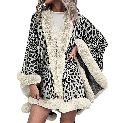 Damen Umhang Strick Poncho Damen mit Kunst Fell Quaste Häkel Strickjacke Elegante Boleros Damen Einfarbige Strickschal Herbst Winter Feinstrick Umhang Damen Wraps Poncho Cape von Battnot