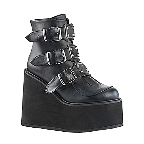 Damen Winter Gothic Punk Plattform Stiefel Schwarz Schnalle Riemen Reißverschluss Wedges Schuhe Mid Calf Military Combat Stiefel Damen Plateau Boots High Top Knöchel Schuhe Damenstiefel von Battnot