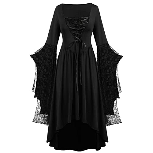 Gothic Halloween Kleid Kostüm Damen, Übergröße A-Linie Schnüren Maxi Kleider Gothic Kleid Damen Vintage Schwarz Mittelalterliches Kleid mit Trompetenärmeln Gebundene Taille Kleid Karneval Kostüm von Battnot