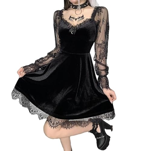 Gothic Kleid Damen Schwarz Sexy Steampunk Samtkleid Langarm Spitze Partykleid Frauen Punk Y2K A Linie Minikleid Fairy Grunge Halloween Kostüm Damen Vampir Cosplay Kostüm Gothic Kleidung von Battnot
