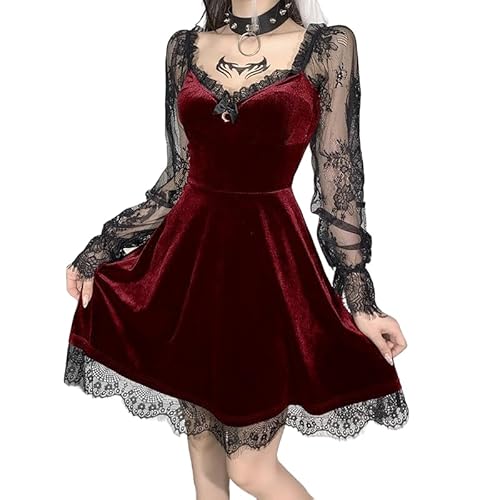 Gothic Kleid Damen Schwarz Sexy Steampunk Samtkleid Langarm Spitze Partykleid Frauen Punk Y2K A Linie Minikleid Fairy Grunge Halloween Kostüm Damen Vampir Cosplay Kostüm Gothic Kleidung von Battnot