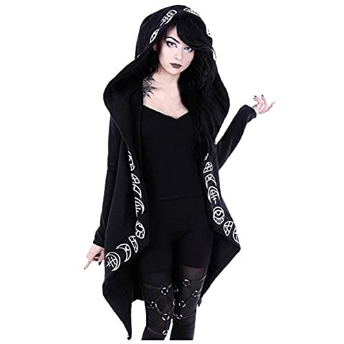 Battnot Gothic Mantel Damen Hoodie Sweatshirt Jacke Punk Outfit Steampunk Kleidung Party Herbst Winter Moon Druck üBergangsjacke Streetwear Hoodies Cardigan Outwear Halloween Karneval Kostüm von Battnot