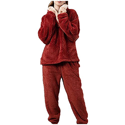 Hausanzug Damen Plüsch Teddyfleece Winter Warm Elegant Schlafanzug Frauen Teddyplüsch Zweiteilig Pyjamas Teddy Fleece Schlafanzüge Schlafanzug Für Damen, 2-Set Pyjama Mit Lange Oberteile Und Hosen von Battnot