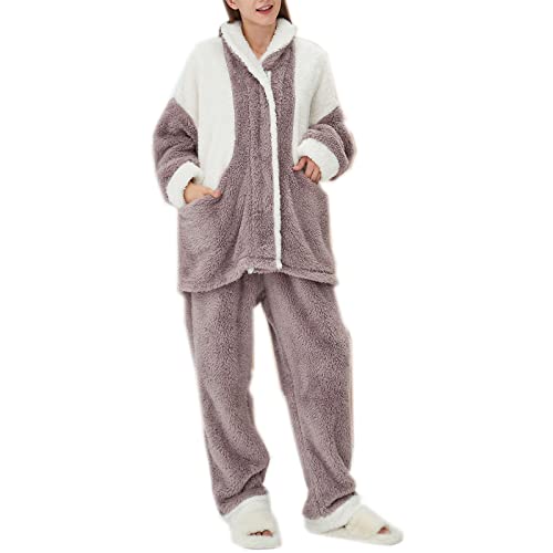 Hausanzug Damen Plüsch Teddyfleece Winter Warm Elegant Schlafanzug Frauen Teddyplüsch Zweiteilig Pyjamas Teddy Fleece Schlafanzüge Schlafanzug Für Damen, 2-Set Pyjama Mit Lange Oberteile Und Hosen von Battnot