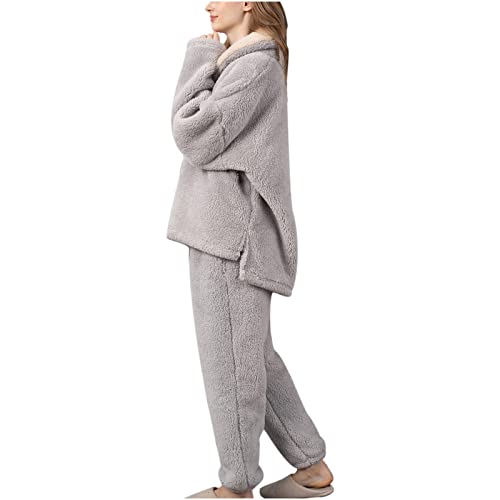 Hausanzug Damen Plüsch Teddyfleece Winter Warm Elegant Schlafanzug Frauen Teddyplüsch Zweiteilig Pyjamas Teddy Fleece Schlafanzüge Schlafanzug Für Damen, 2-Set Pyjama Mit Lange Oberteile Und Hosen von Battnot