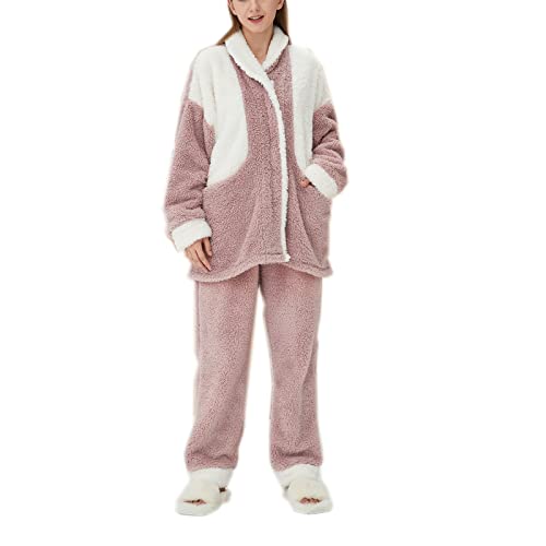 Hausanzug Damen Plüsch Teddyfleece Winter Warm Elegant Schlafanzug Frauen Teddyplüsch Zweiteilig Pyjamas Teddy Fleece Schlafanzüge Schlafanzug Für Damen, 2-Set Pyjama Mit Lange Oberteile Und Hosen von Battnot