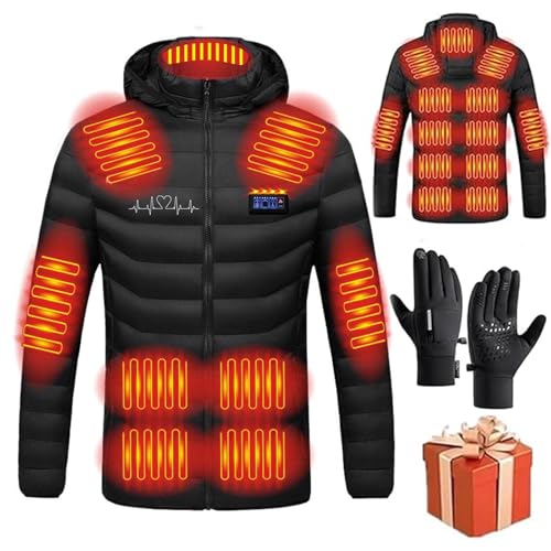 Heizjacke Herren Damen Beheizbare Jacke Damen mit kapuze,Warme Pufferjacke Herren Wärmende Beheizbare Weste Winter Warm Daunenjacke mit 19 Heizzonen Heizmantel Kapuze Funktionsjacke mit handschuhe von Battnot