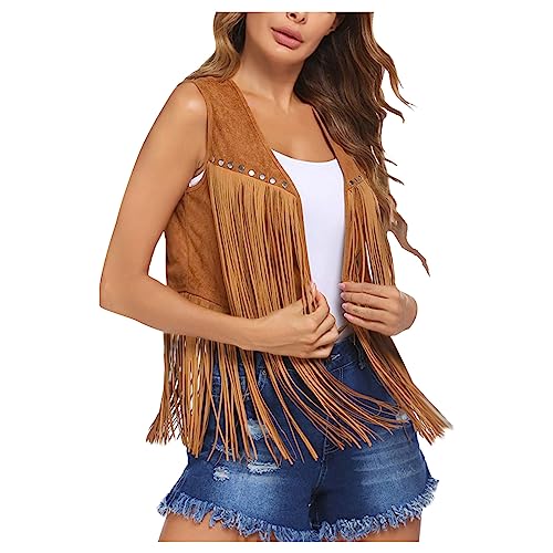 Hippie Kostüm Damen Fransenweste Fransen ärmellos Weste Hippie Kleidung Damen 60er 70er Jahre Bekleidung Damen Mädchen Disco Outfit Braun Fransenweste Damen Hippie Bolero Karneval Faschingskostüme von Battnot