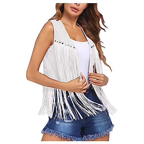 Hippie Kostüm Damen Fransenweste Fransen ärmellos Weste Hippie Kleidung Damen 60er 70er Jahre Bekleidung Damen Mädchen Disco Outfit Braun Fransenweste Damen Hippie Bolero Karneval Faschingskostüme von Battnot