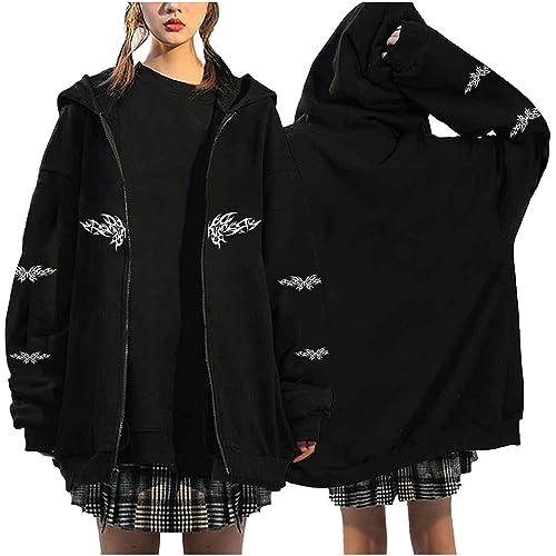 Hoodie Damen Zip Up Oversized Hoodie Große Spinnennetz Print Muster Y2K Hoodie Gothic Punk Jacke Sweatshirt Harajuku Oversized Sweatshirt Vintage Kapuzenjacke Sweatjacke mit Kapuze 90er E-Girl Top von Battnot