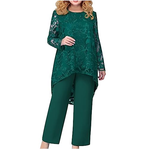 Hosenanzug Damen Festlich Elegant 2 Teiler Spitze Chiffon Shirt Und Hohe Zweiteiler Damen Cocktail Party Große Größen Tüll Abendanzug Sets Outfit Brautmutter Anzug Freizeitanzug Abendanzug von Battnot