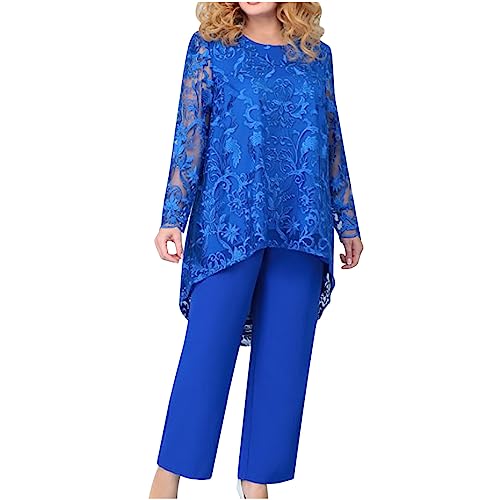 Hosenanzug Damen Festlich Elegant 2 Teiler Spitze Chiffon Shirt Und Hohe Zweiteiler Damen Cocktail Party Große Größen Tüll Abendanzug Sets Outfit Brautmutter Anzug Freizeitanzug Abendanzug von Battnot
