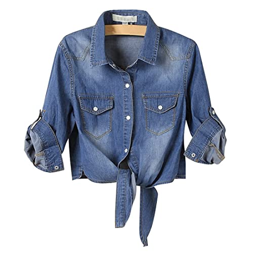 Jeansjacke Damen Crop Top Jeans Hemd Damen Oversized Hemden Blau Sommer Oberteile Dünn Bolerojacke Hemdbluse Damenbluse Jeansbluse Shirt Arbeiten Shirts Tops Kurze Schulterjacke von Battnot