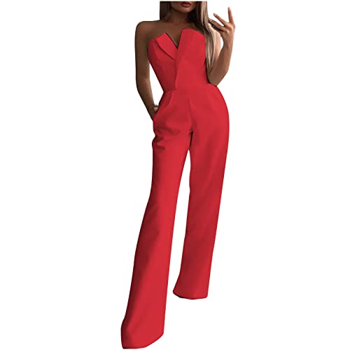 Jumpsuit Damen Elegant für Hochzeit - V-Ausschnitt Ärmellos Overall Trägerlos Strapless Tube Top Off Shoulder Weites Bein von Battnot