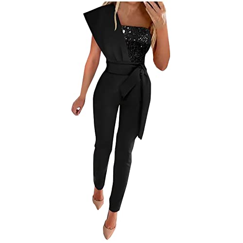 Battnot Jumpsuit Damen Overall Einteiler Lang Hosenanzug Playsuit Jogginganzug Romper Einfarbig Strampler Spielanzug Mit Gürtel Overalls Cocktail Party, B#schwarz von Battnot