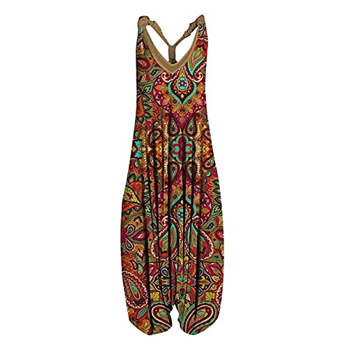 Jumpsuit Damen Elegant Sommer V-Ausschnitt Ärmellos Retro Drucken Loose Overall Casual Hosenanzug Weites Bein Playsuit Romper Jumpsuit Damen Latzhose Lose Strampler Overall Wide Leg Playsuit von Battnot