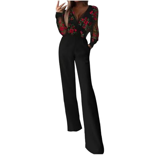 Jumpsuit Damen Elegant V-Ausschnitt Overall Lang Romper Lässig Langarm Einteiler Hosenanzug Festlich Playsuit Weites Bein Hose Damen Lang Jumpsuit Elegant Overall Hosenanzug Romper Playsuit von Battnot