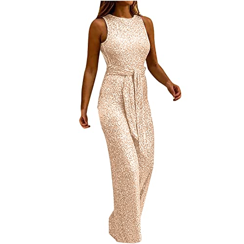 Jumpsuit Damen Elegante Festlich Hochzeit Jumpsuit Damen Pailletten Jumpsuit Frauen Rückenfreies Y2k Hose Overall Sommer Ärmellos Einteiler Lang Overall Hosenanzug Hohe Taille Romper mit Gürtel von Battnot