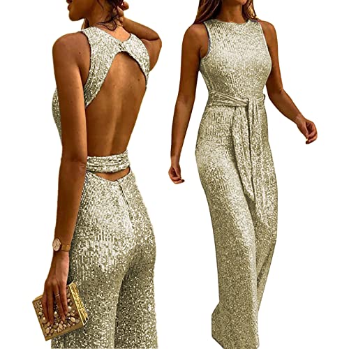 Jumpsuit Damen Elegante Festlich Hochzeit Jumpsuit Damen Pailletten Jumpsuit Frauen Rückenfreies Y2k Hose Overall Sommer Ärmellos Einteiler Lang Overall Hosenanzug Hohe Taille Romper mit Gürtel von Battnot