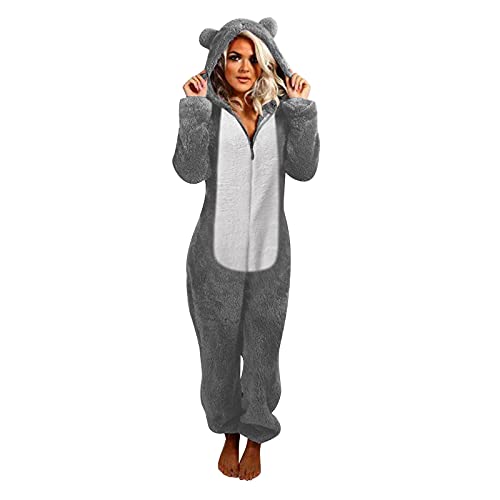 Jumpsuit Damen Teddy Fleece Einteiler Overall Anzug Flauschig Schlafanzug Winter Warm Onesie Plüsch Kuschelig Overall Hausanzug Lang Schlafoverall Weich Pyjama Schlafanzug mit Kapuze S-5XL von Battnot