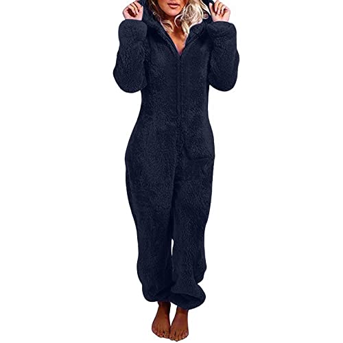 Jumpsuit Damen Teddy Fleece Einteiler Overall Anzug Flauschig Schlafanzug Winter Warm Onesie Plüsch Kuschelig Overall Hausanzug Lang Schlafoverall Weich Pyjama Schlafanzug mit Kapuze S-5XL von Battnot